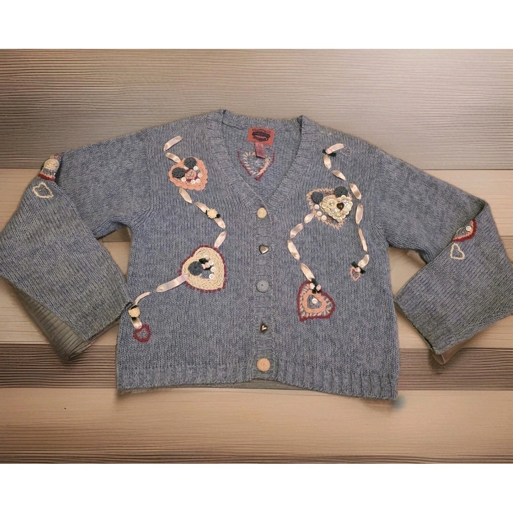 Cambridge Dry Goods Sweater Womens Large Vintage Buttons Hearts Lace Warm‎